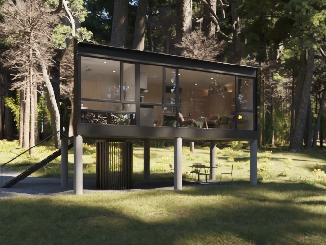 Cabaña elevada con fachada de vidrio