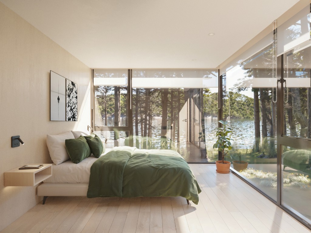 Dormitorio con ventanales al lago y bosque